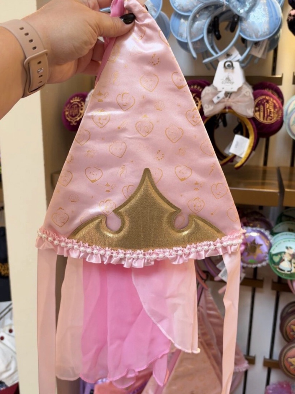 2026 Disney Parks Pink Princess Icons Gold Crown Cone Hat With Veil New
